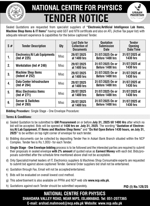National Centre For Physics Islamabad Tender Notice